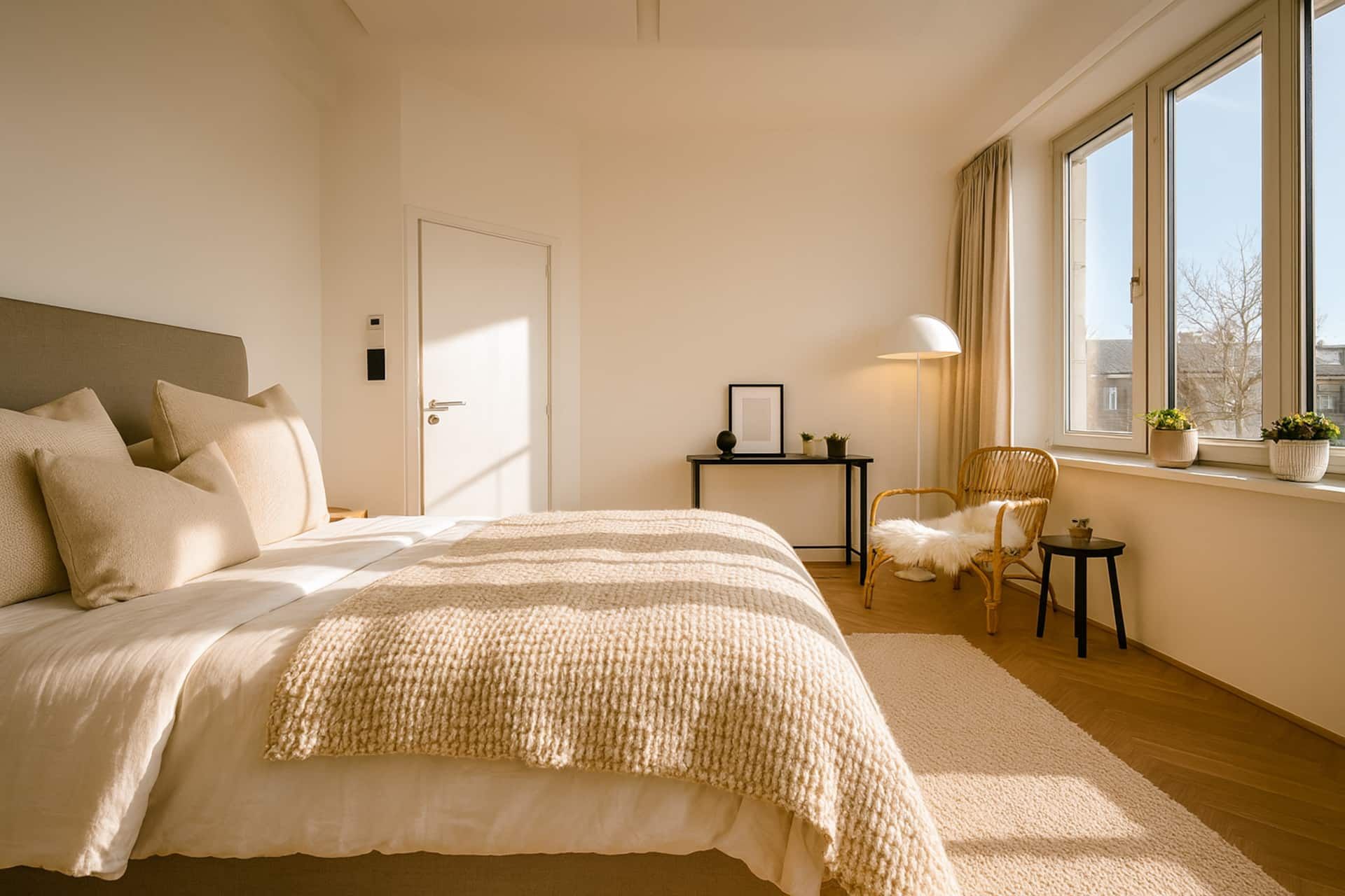 Bedroom with a double bed, an armchair and large windows